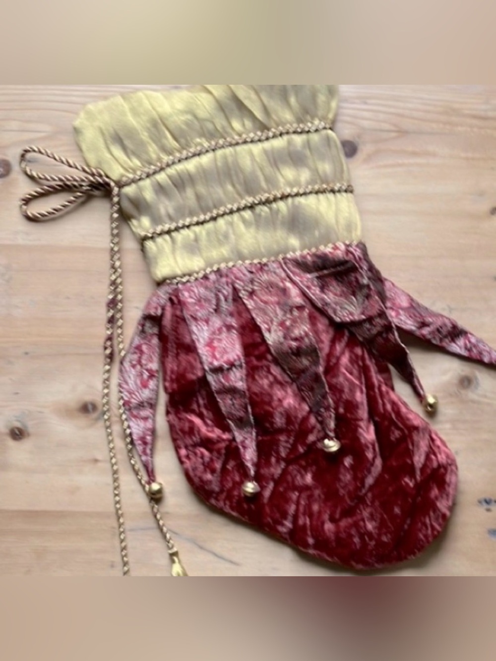 Gold Renaissance Lurex Velvet Bells Christmas Stocking Nantucket Dist. Co. NWOT